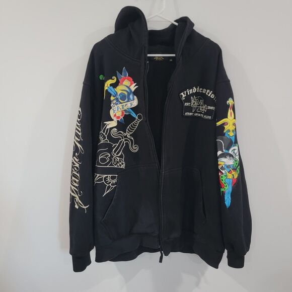 Y2K Rawblue Mens Vindicate Hoodie Size 2XL Retro Graphic Skull Grunge Skater - Picture 1 of 8